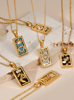 电镀真金复古塔罗牌TAROT带钻滴油方牌项链女不锈钢ins高赞热款