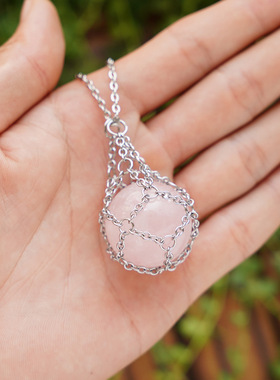 密织调节链子网兜吊坠绳 欧美天然水晶原石网兜金属项链编织吊坠