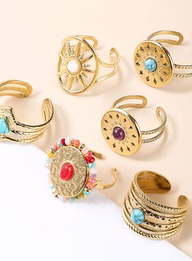 晶东珠宝不锈钢镀金开口戒指水晶