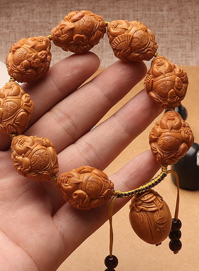 橄榄核手串八大财神男士文玩橄榄胡雕刻百态招财童子核雕手链单圈