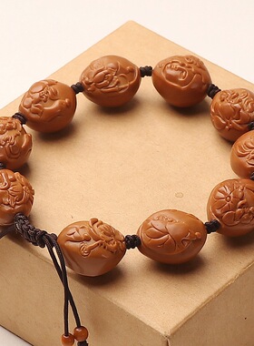 天然小籽铁核浮雕文玩光背无相佛橄榄核莲花手串男士手工雕刻单圈