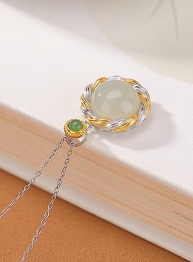 壹鹿银S925纯银镀金天然和田玉晴水玉碧玉扭纹圆形几何百搭银吊坠