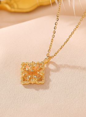 S925镀金黄水晶四叶草项链女