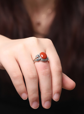 s925银镶南红玛瑙开口女戒