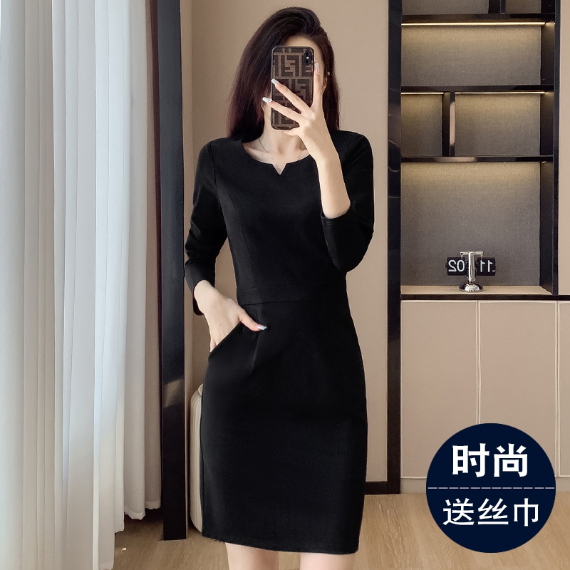 蓝色职业连衣裙女秋冬季长袖通勤气质前台正装工作服加绒包臀裙子-图2