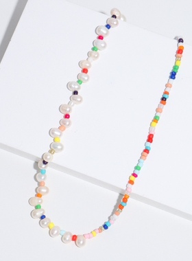 淡水珍珠项链女百搭糖果色波西米亚串珠不对称小众设计感锁骨链