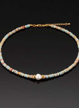 新款欧美文艺复古蓝色花纹石天然珍珠串珠项链黄铜镀金气质手链女