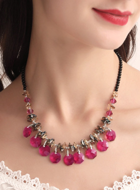 晶柜女韩版时尚百搭红色吊坠项链