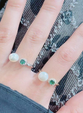 母亲节！天然淡水真珍珠搭配绿宝石满钻开口戒指时尚气质款