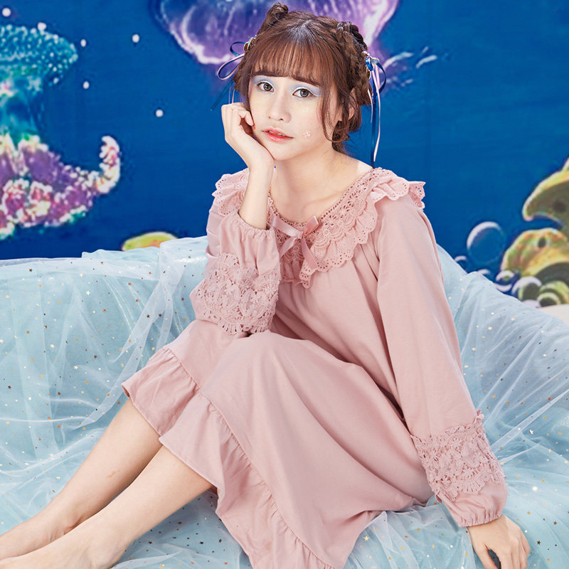 长袖春秋季纯棉可爱长款连体夏睡裙 茜靓睡裙