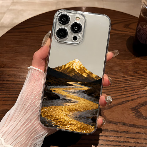 黑金能量流水生金适用iPhone17pro镜面16promax简约15Pro苹果14手机壳xsmax补妆13招财12情侣7山峰8plus创意x - 图0