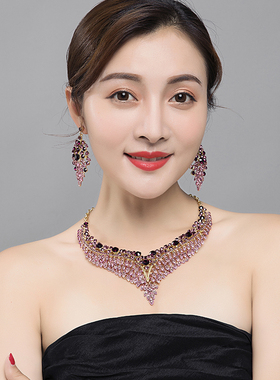 欧美彩色几何宝石套装礼服项链