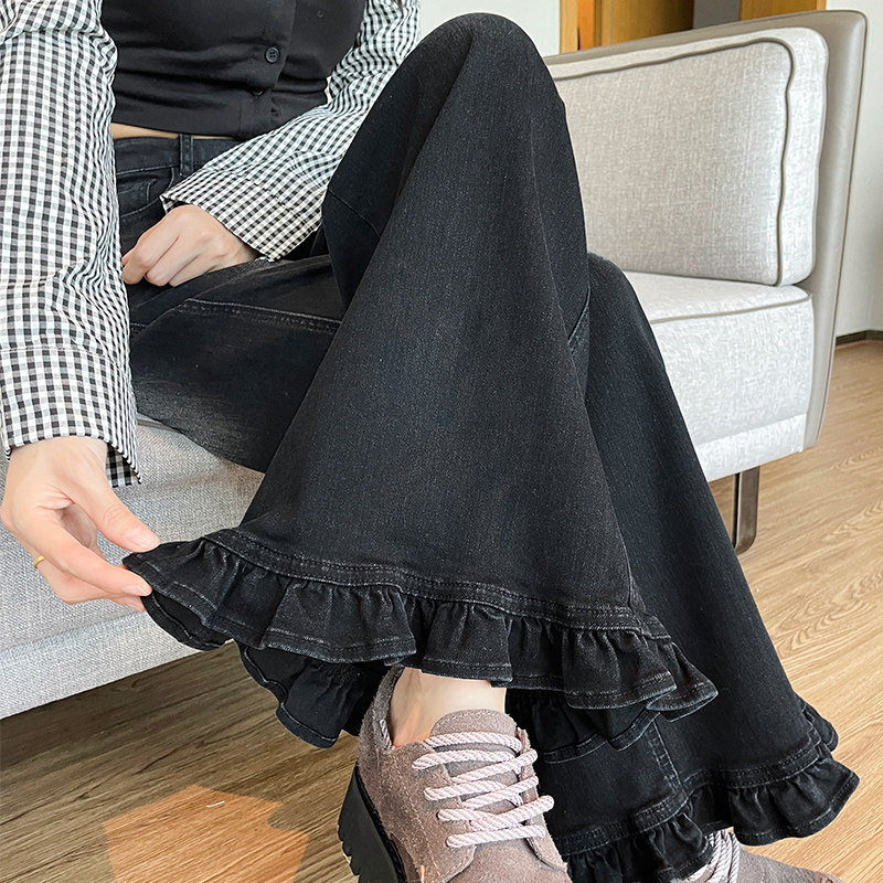 荷叶边阔腿牛仔裤女长裤春秋季新款高腰显瘦弹力不贴腿喇叭裤子,淘宝优惠券,粉丝福利购,淘宝优惠卷