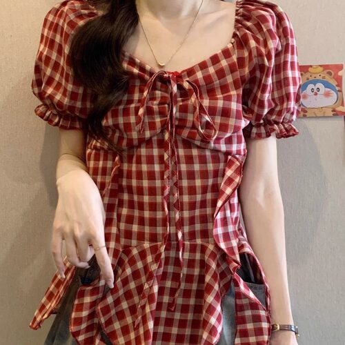法式红色格子方领短袖衬衫女百搭夏季大码显瘦遮肚子飘带小衫上衣 - 图3