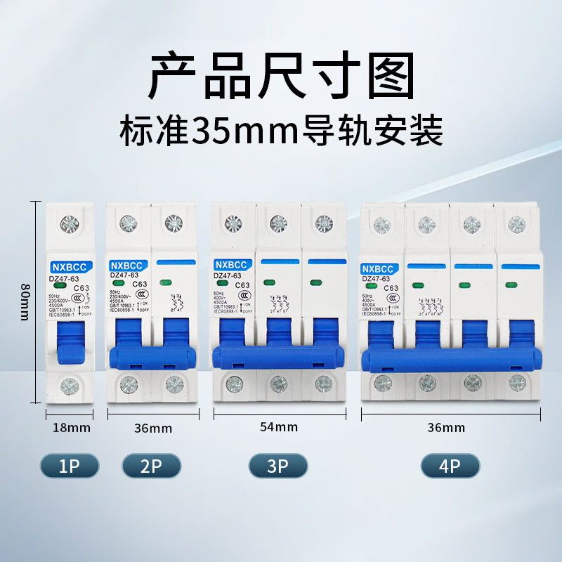 工厂促销1P空气开关2P家用32a63a三相3P断路器DZ47空开4P100A总闸 - 图1