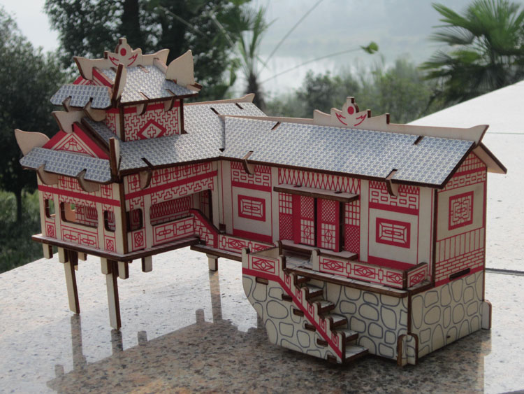 包邮湘西吊脚楼 立体拼图拼装房子木制仿真建筑模型 手工益智玩具