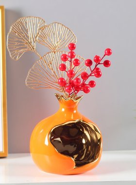 新年招财陶瓷石榴苹果花瓶摆件