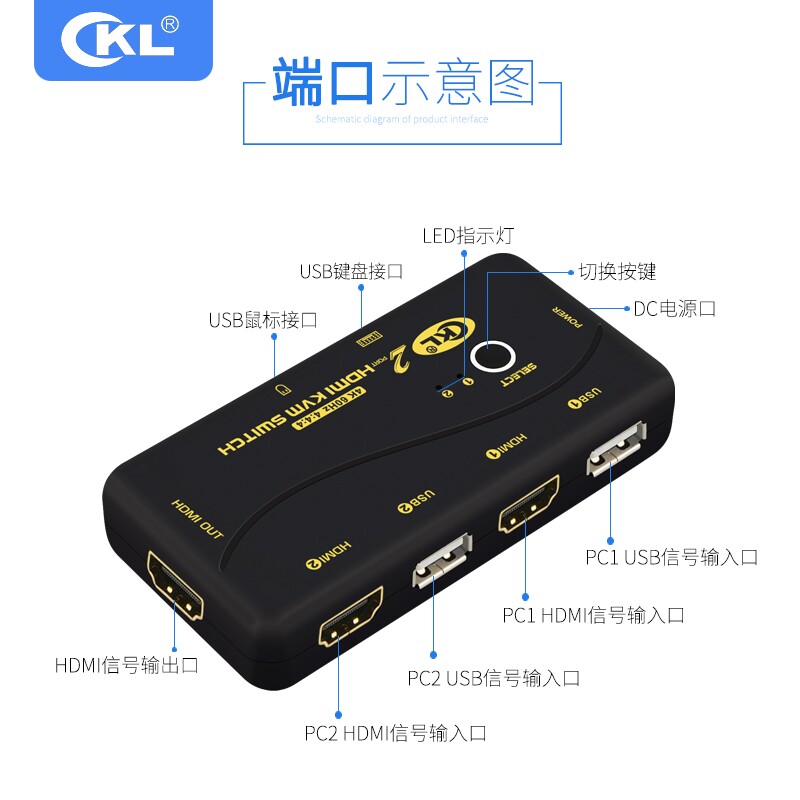 cKL HDMI自动4K60hz KVM切换器2进1出 主机电脑硬盘录像机切换器共用键鼠显示器手动切换器 CKL-21UH