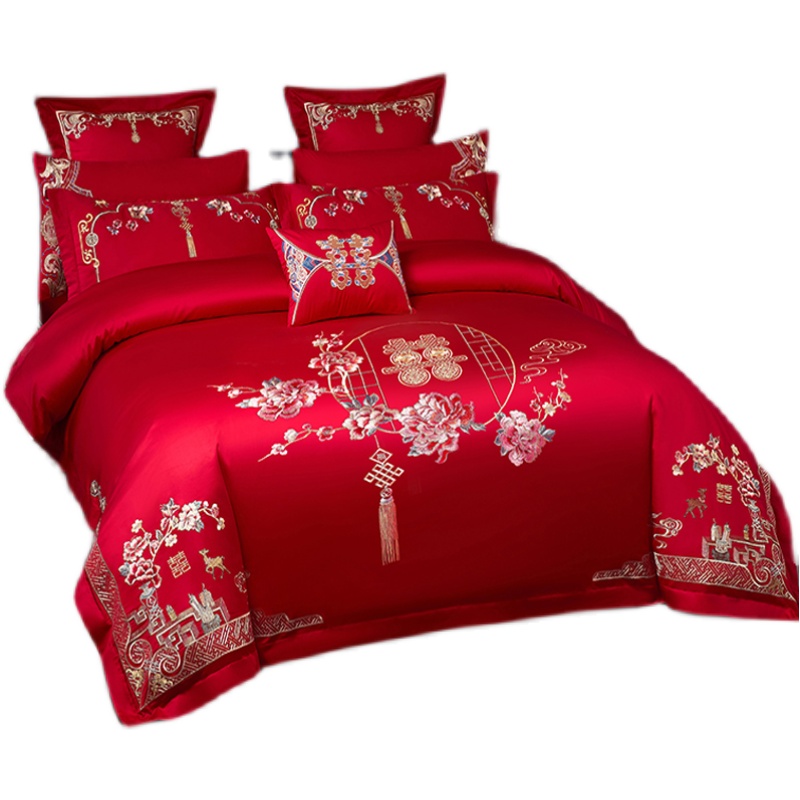 中式高档全棉婚庆四件套大红色婚庆100纯棉刺绣被套新婚床上用品4 - 图3