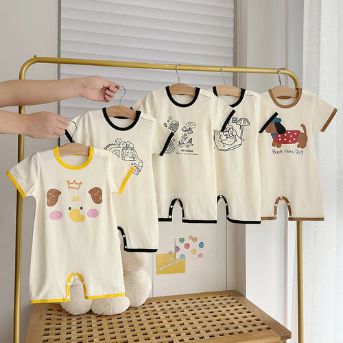 男童纯棉短袖哈衣小女童婴儿薄款夏装爬爬服睡衣新生儿夏季连体衣 - 图0