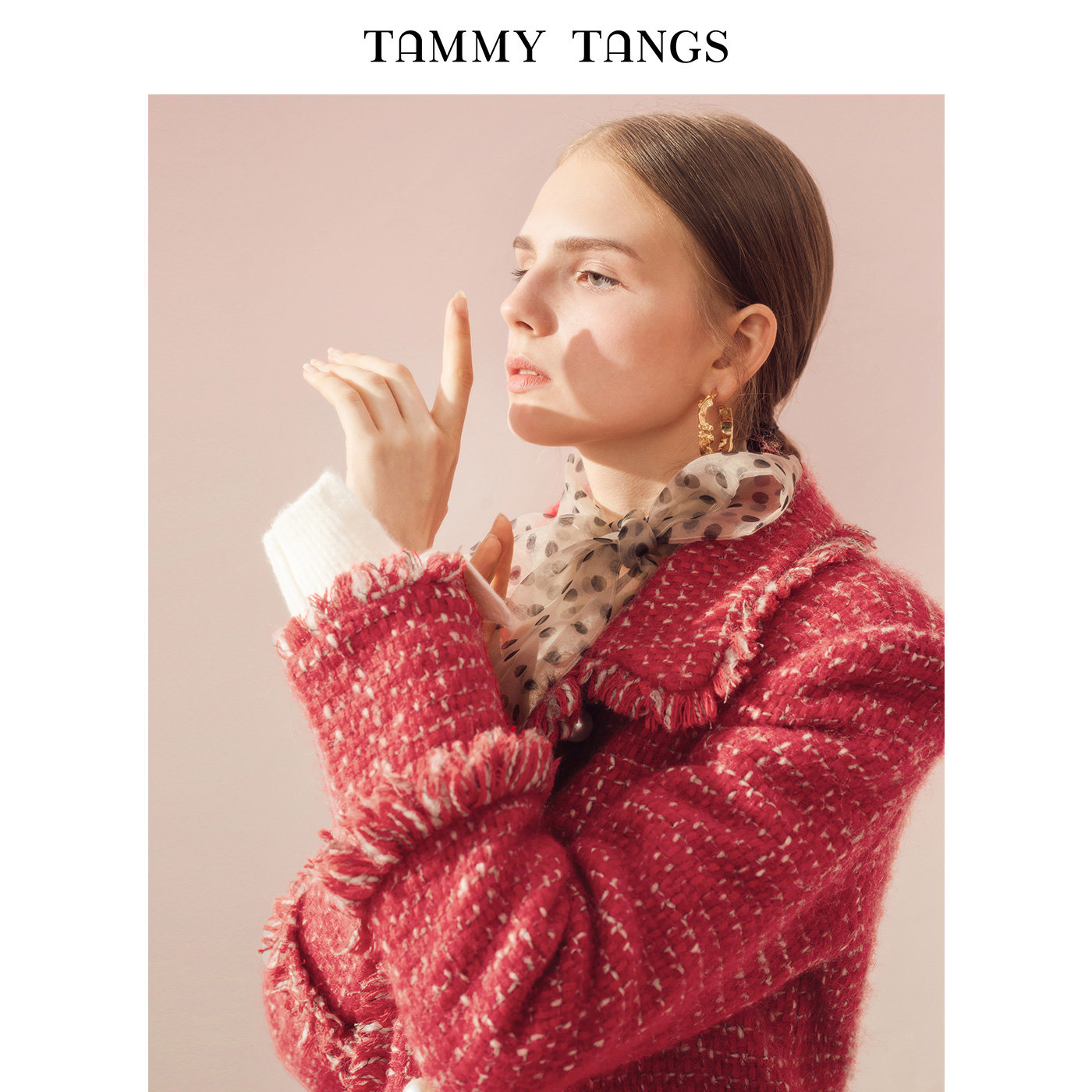 糖力冬季新款樱桃红流苏编织粗花呢 tammytangs毛呢外套