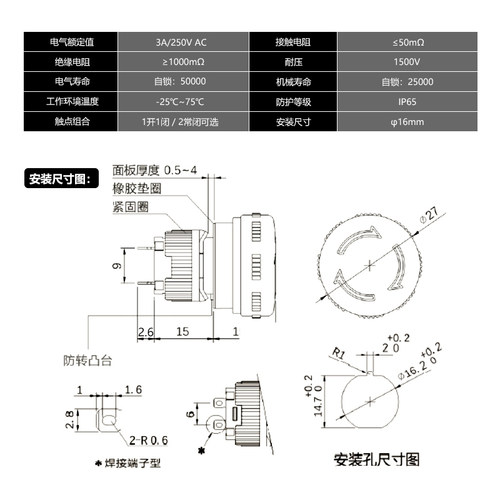 16MM 急停按钮开关 头部26MM蘑菇头2常闭超短微型紧急停止 - 图2