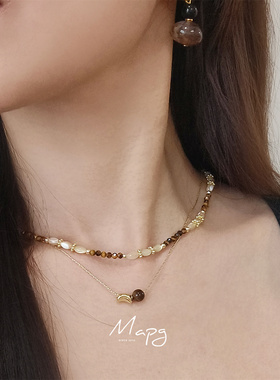 MAPG法式浪漫巴洛克贝壳虎眼石串珠项链度假异域风叠戴锁骨链新款