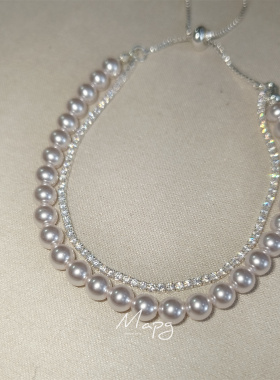 MAPG封神5MM淡粉光珍珠极细闪双层锆石手链抽拉绳假两条叠戴手环