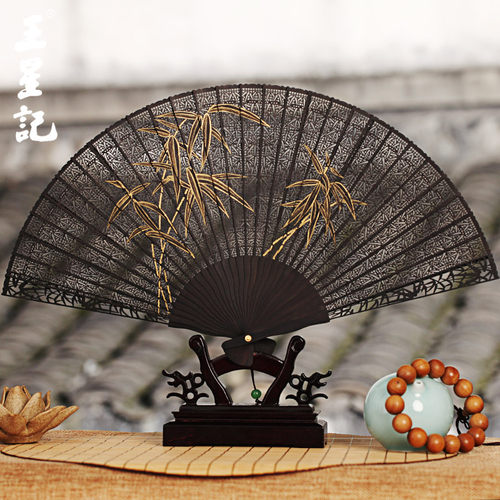 杭州王星记扇子乌木檀香扇 手绘镂空雕刻工艺扇中国风折扇礼品扇 - 图0
