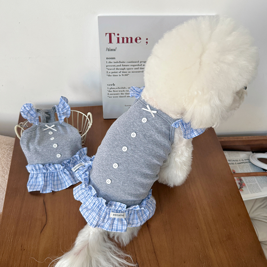 袋袋猫 格纹花边miu系宠物吊带裙 小型犬狗狗纯棉可爱秋季衣服 - 图1