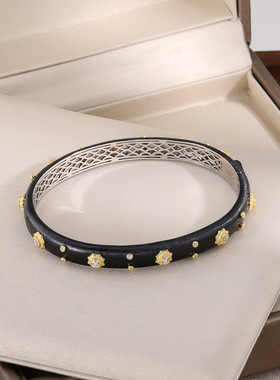 S925纯银！黑金镶钻手镯意大利拉丝轻奢女款时尚复古开口宫廷风