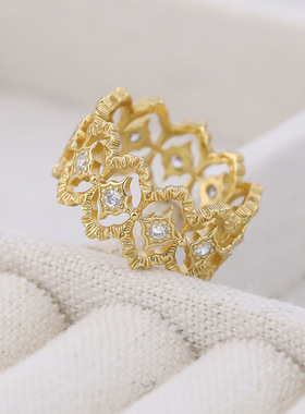 S925纯银！宽版蕾丝菱格戒指布布风镂空满钻轻奢小众时尚纯银戒指