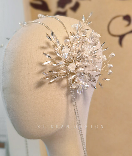 仙美发链花朵水晶镶钻婚纱韩式披发造型流苏边夹新娘头饰白纱饰品 - 图0