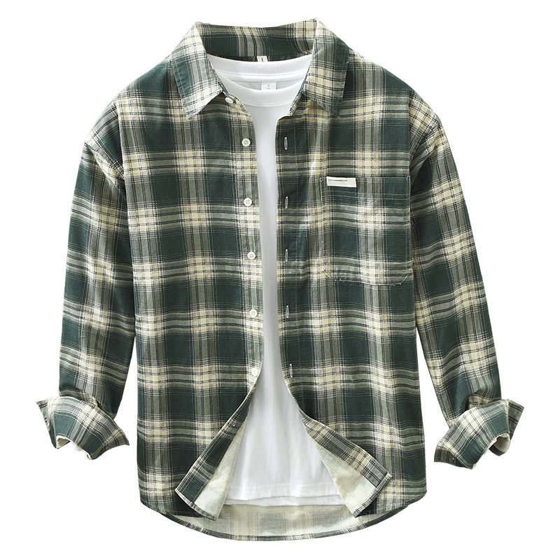 日系复古格子长袖衬衫男士学生潮流百搭休闲青年宽松翻领上衣6963,淘宝优惠券,粉丝福利购,淘宝优惠卷