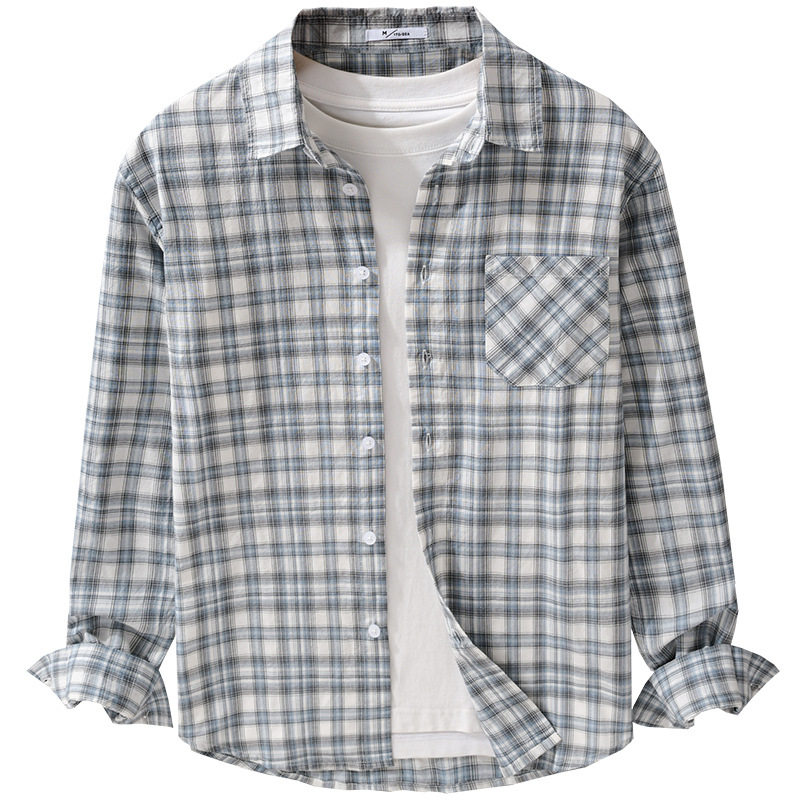 新款格子衬衫男士春秋潮流百搭上衣日系休闲宽松长袖衬衣9140,淘宝优惠券,粉丝福利购,淘宝优惠卷