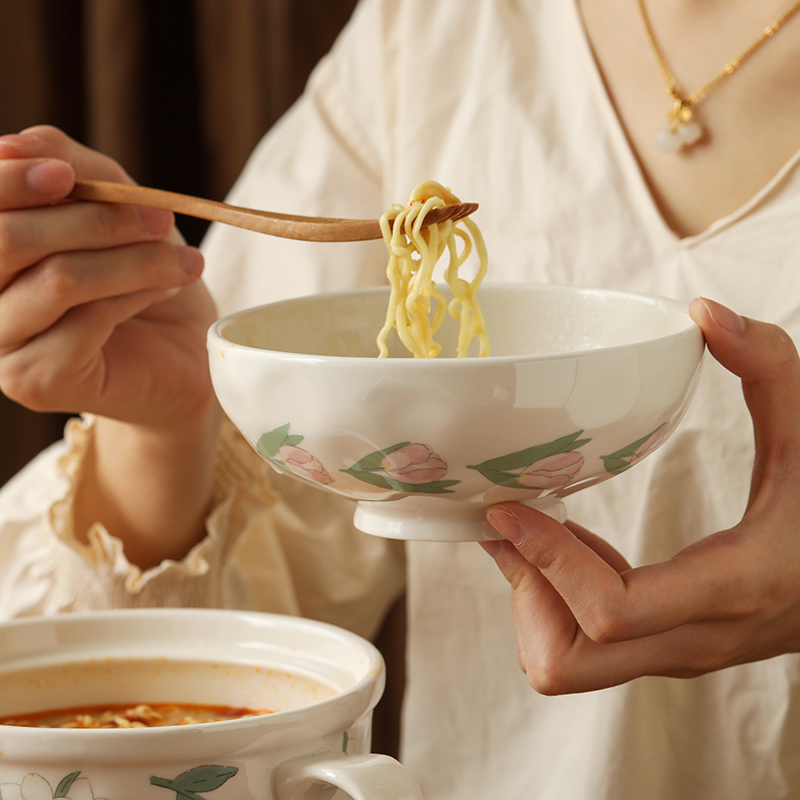 蓝莲花家居茉茉兔泡面碗网红带盖陶瓷宿舍学生食堂女生可爱打饭碗 - 图3