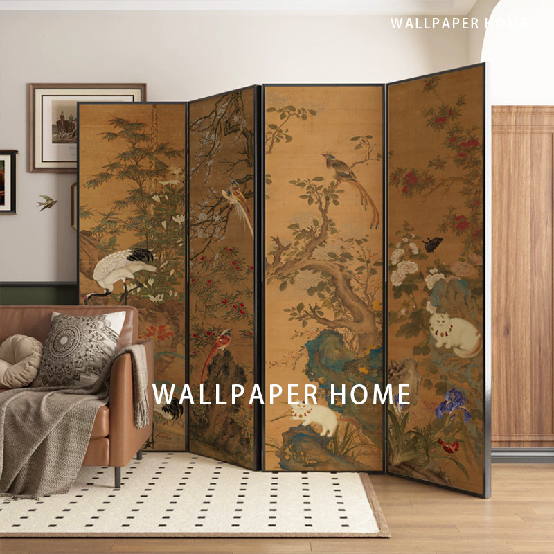 小红书定制复古新中式屏风墙纸客厅卧室DIY花鸟壁画背景屏风壁画i,淘宝优惠券,粉丝福利购,淘宝优惠卷