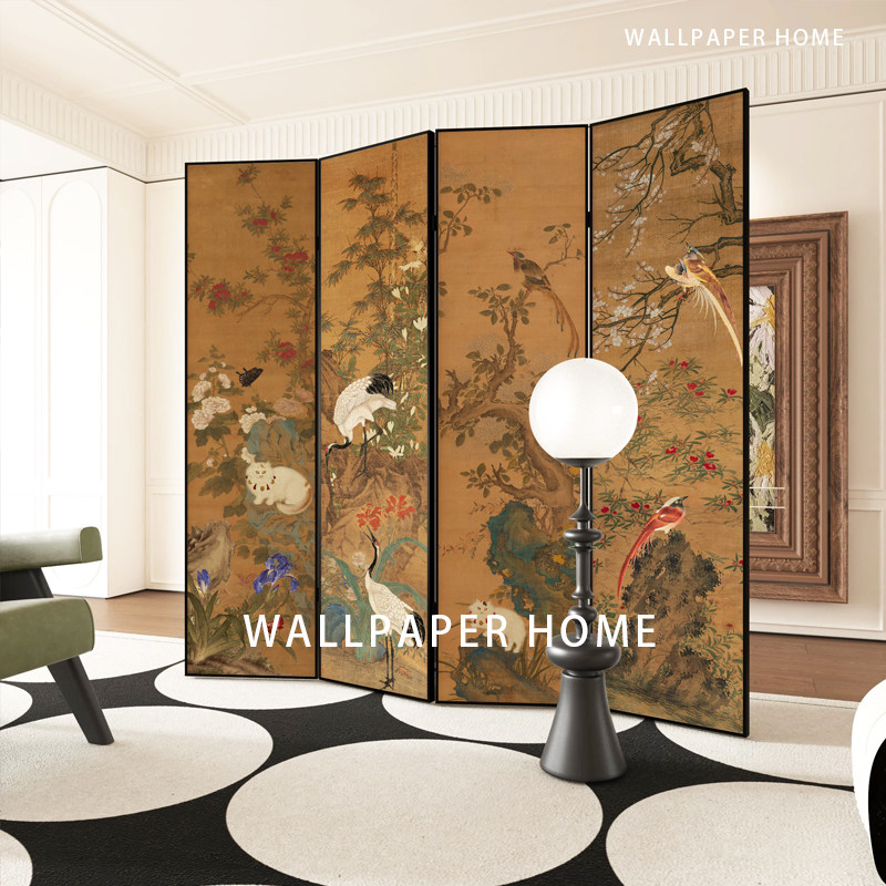 小红书定制复古新中式屏风墙纸客厅卧室DIY花鸟壁画背景屏风壁画i,淘宝优惠券,粉丝福利购,淘宝优惠卷
