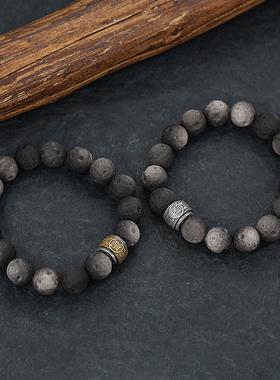 s925复古六字真言银珠曜石星球手串 男款转运珠纯银情侣款手链