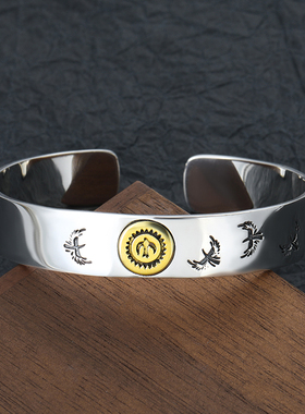 925纯银手工点金飞鸟开口羽毛手镯男 印第安老鹰情侣光面简约手环