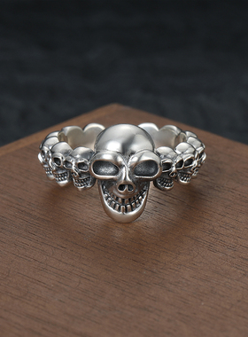 原创设计感暗黑风潮流重工个性摇滚机车骷髅戒指男纯银可调节开口