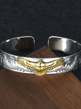 S925纯银点金老鹰羽毛手镯男潮流时尚泰银做旧手工个性飞鸟手环