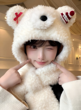 秋冬女小熊毛绒保暖防风围巾帽