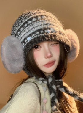 秋冬针织护耳毛线帽女保暖显脸小