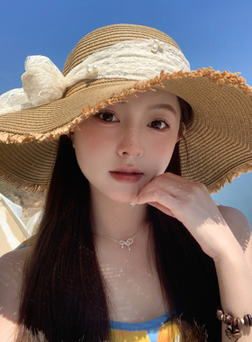 2025新款蕾丝草帽蝴蝶结草帽女夏
