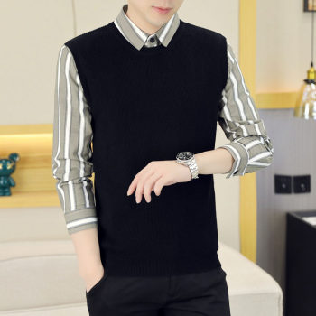 Shirt collar sweater ຜູ້ຊາຍ slim ແບບເກົາຫຼີສີ block ຜູ້ຊາຍປອມສອງສິ້ນ sweater ຜູ້ຊາຍ pullover ນັກສຶກສາ collared sweater