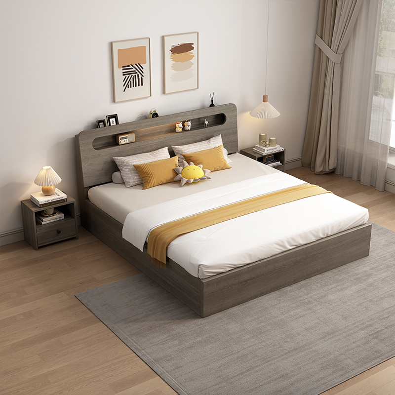 实木床简约现代1.5米双人床主卧1.8m出租房家用储物1.2米单人床架-图2