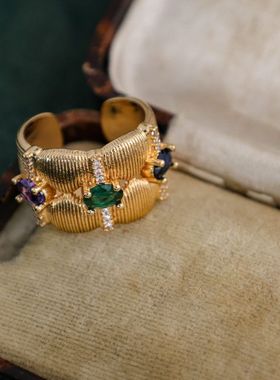 金色镶钻活口戒指女珐琅彩宝指环