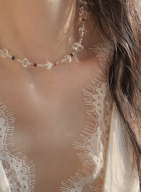 天然白水晶彩兔毛串珠项链礼物女