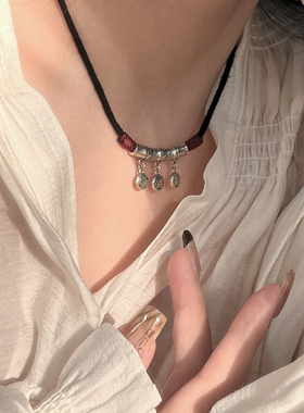 s925银黑绳福牌抽绳项链